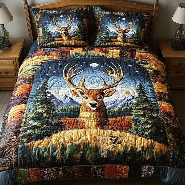 Rustic Deer quilted 3-piece bedding set on a made bed in a farmhouse bedroom
