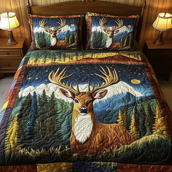 Rustic Deer quilted 3-piece bedding set on a made bed in a farmhouse bedroom