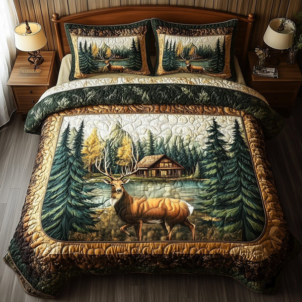Rustic Deer quilted 3-piece bedding set on a made bed in a farmhouse bedroom