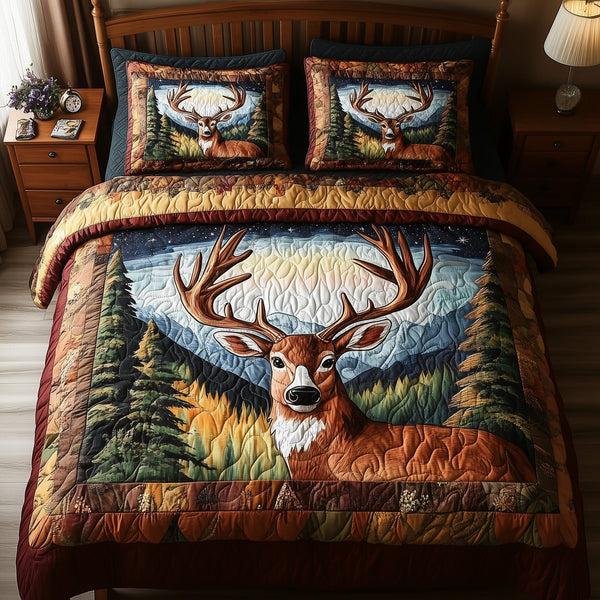Rustic Deer quilted 3-piece bedding set on a made bed in a farmhouse bedroom