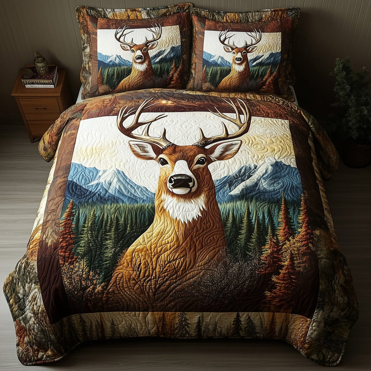 Rustic Deer quilted 3-piece bedding set on a made bed in a farmhouse bedroom