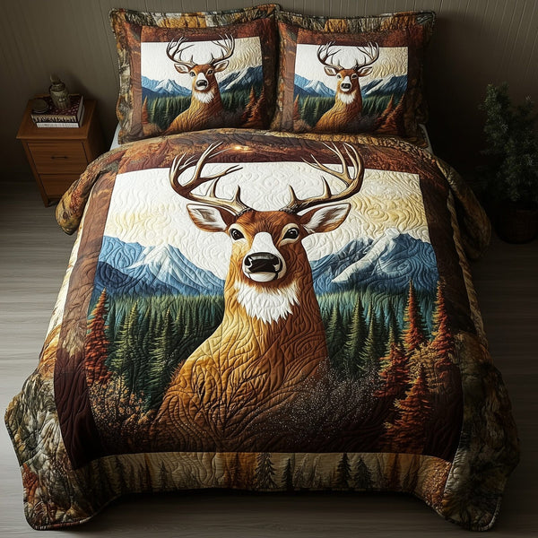 Rustic Deer quilted 3-piece bedding set on a made bed in a farmhouse bedroom