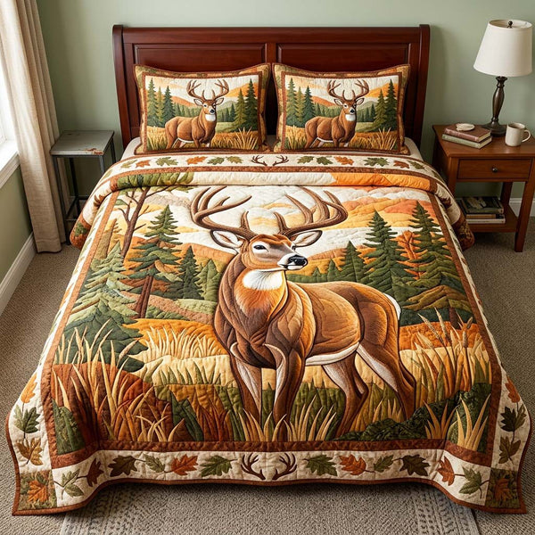 Rustic Deer quilted 3-piece bedding set on a made bed in a farmhouse bedroom