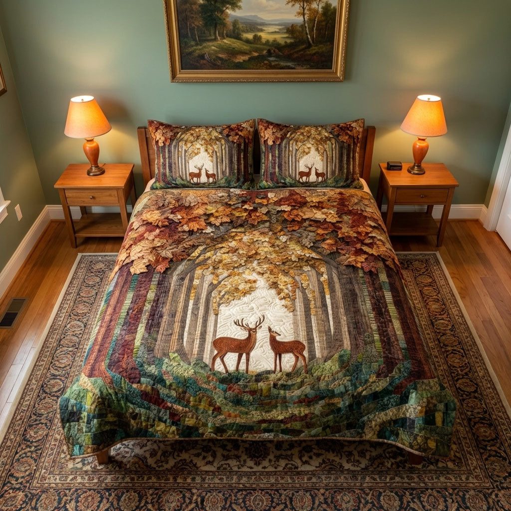 Rustic Deer quilted 3-piece bedding set on a made bed in a farmhouse bedroom