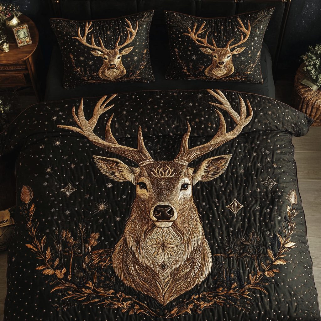 Rustic Doe quilted 3-piece bedding set on a made bed in a farmhouse bedroom