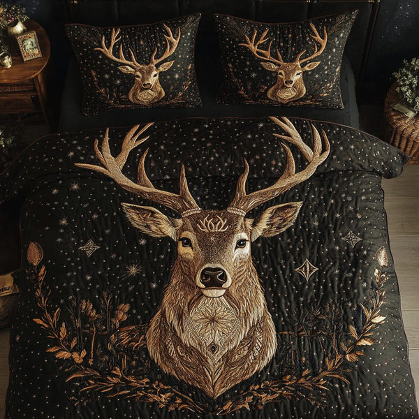 Rustic Doe quilted 3-piece bedding set on a made bed in a farmhouse bedroom