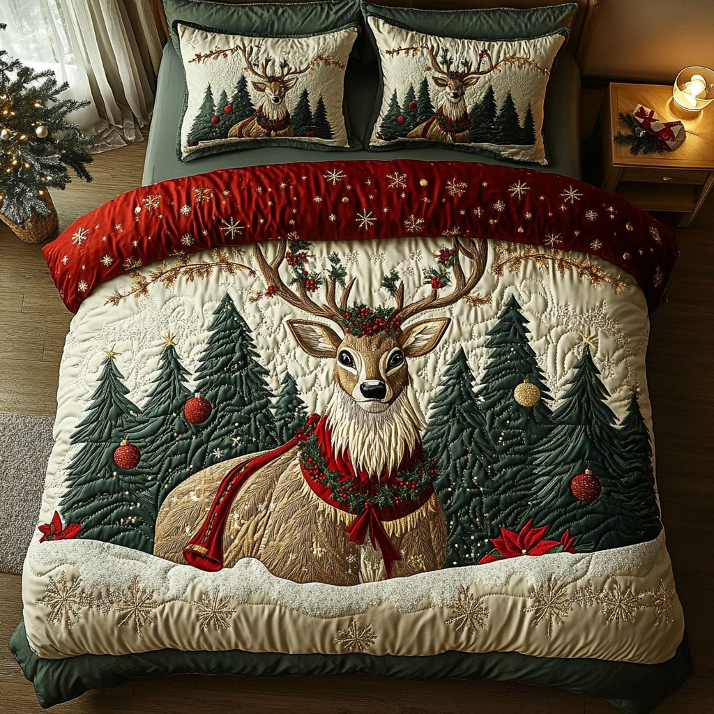Rustic Elegance quilted 3-piece bedding set on a made bed in a farmhouse bedroom