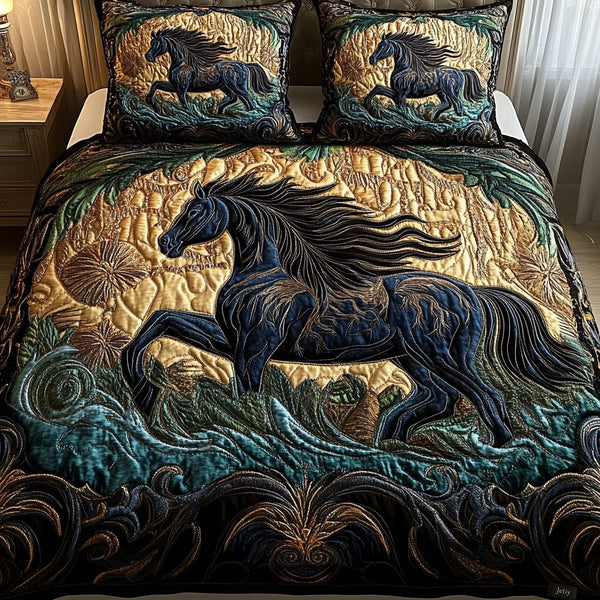 Rustic Elegance quilted 3-piece bedding set on a made bed in a farmhouse bedroom