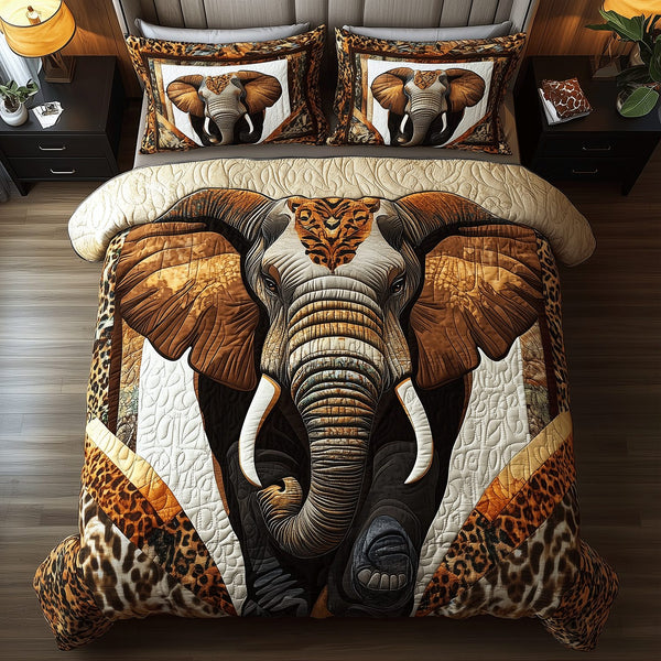 Rustic Elephant Elegance quilted 3-piece bedding set on a made bed in a farmhouse bedroom
