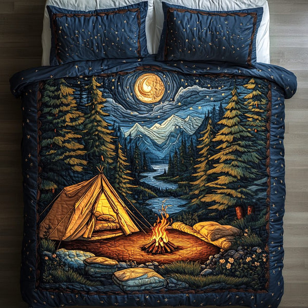 Rustic Escape quilted 3-piece bedding set on a made bed in a farmhouse bedroom