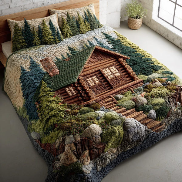 Rustic Evergreen Path quilted 3-piece bedding set on a made bed in a farmhouse bedroom