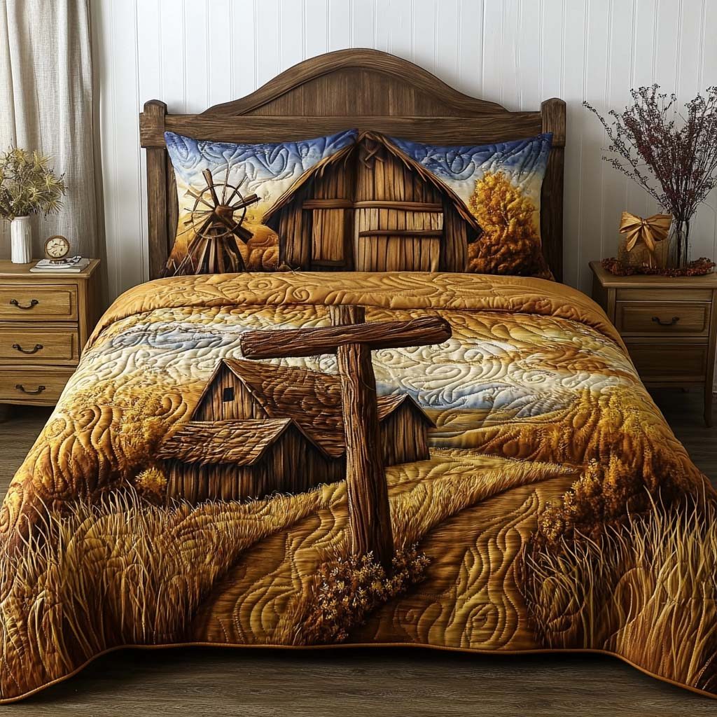 Rustic Faith Cross quilted 3-piece bedding set on a made bed in a softly lit bedroom