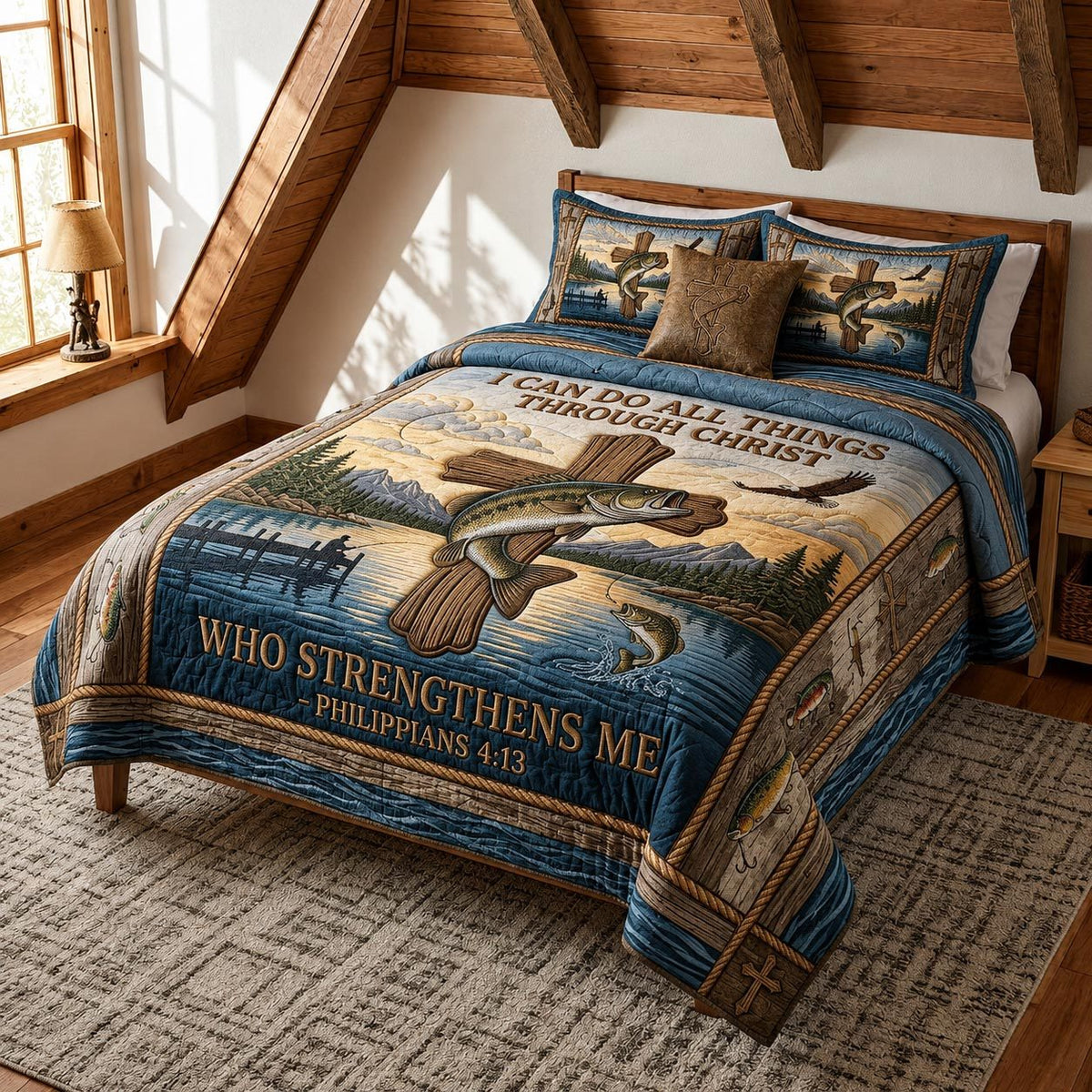 Rustic Faith quilted 3-piece bedding set on a made bed in a softly lit bedroom