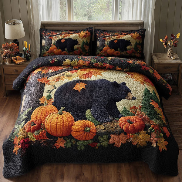Rustic Fall Bear quilted 3-piece bedding set on a made bed in a farmhouse bedroom