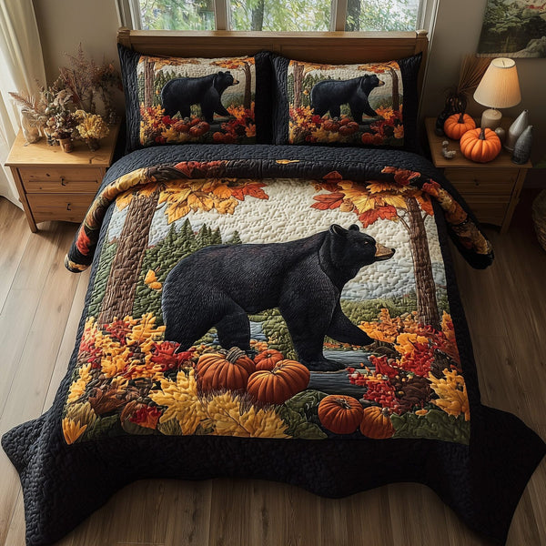 Rustic Fall Bear quilted 3-piece bedding set on a made bed in a farmhouse bedroom