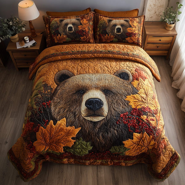 Rustic Fall Bear quilted 3-piece bedding set on a made bed in a farmhouse bedroom