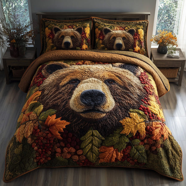 Rustic Fall Bear quilted 3-piece bedding set on a made bed in a farmhouse bedroom
