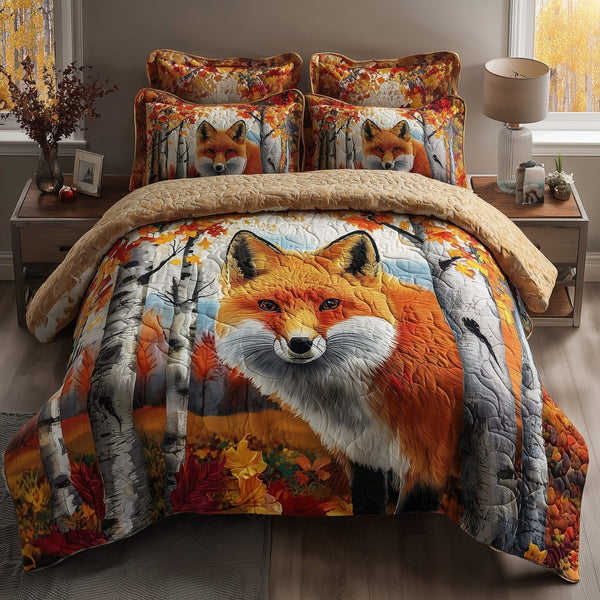 Rustic Fall Fox quilted 3-piece bedding set on a made bed in a farmhouse bedroom
