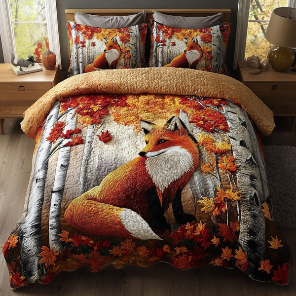 Rustic Fall Fox quilted 3-piece bedding set on a made bed in a farmhouse bedroom
