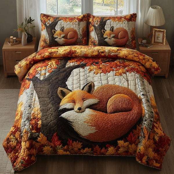Rustic Fall Fox quilted 3-piece bedding set on a made bed in a farmhouse bedroom