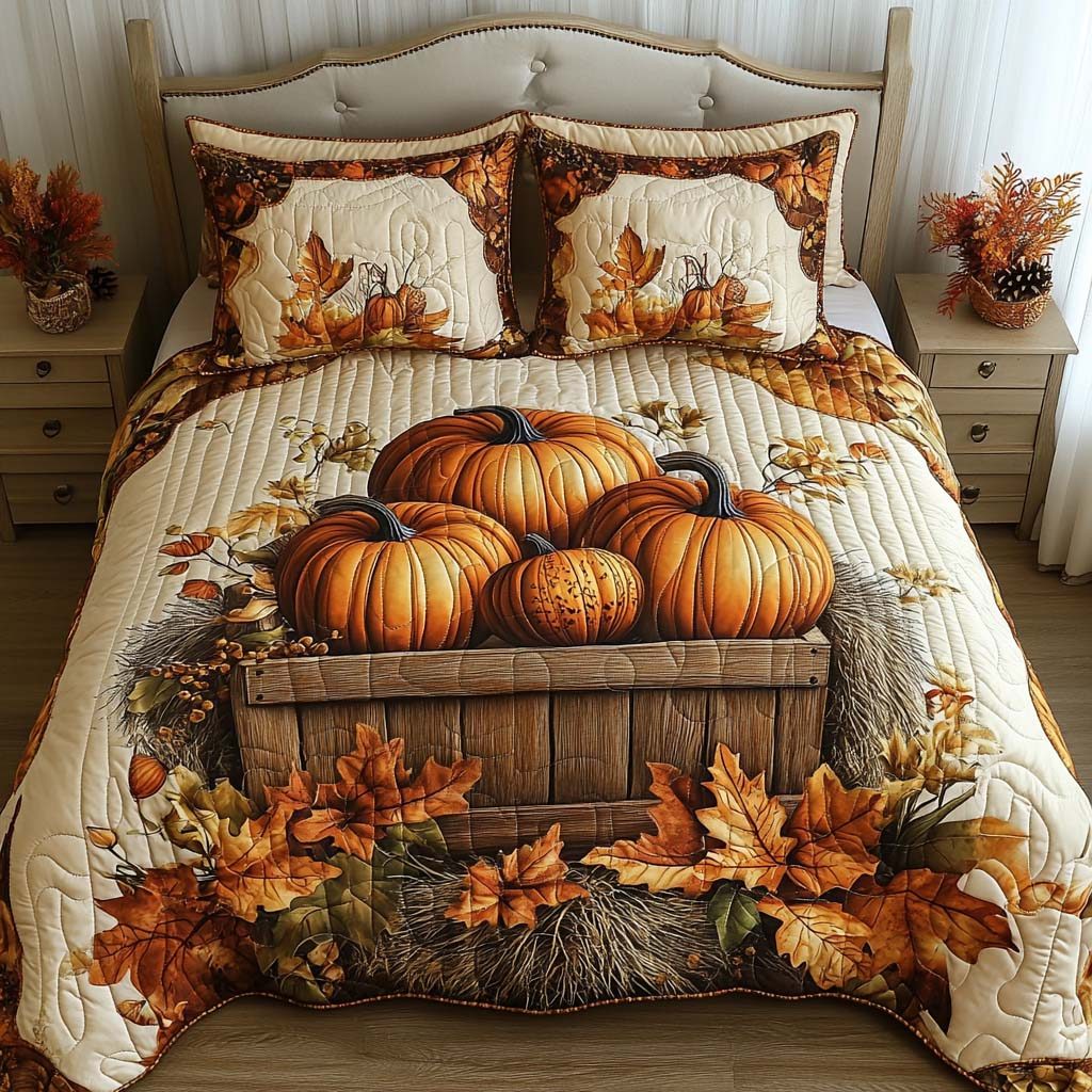 Rustic Fall Nest quilted 3-piece bedding set on a made bed in a farmhouse bedroom