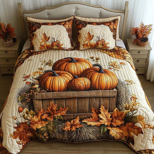 Rustic Fall Nest quilted 3-piece bedding set on a made bed in a farmhouse bedroom