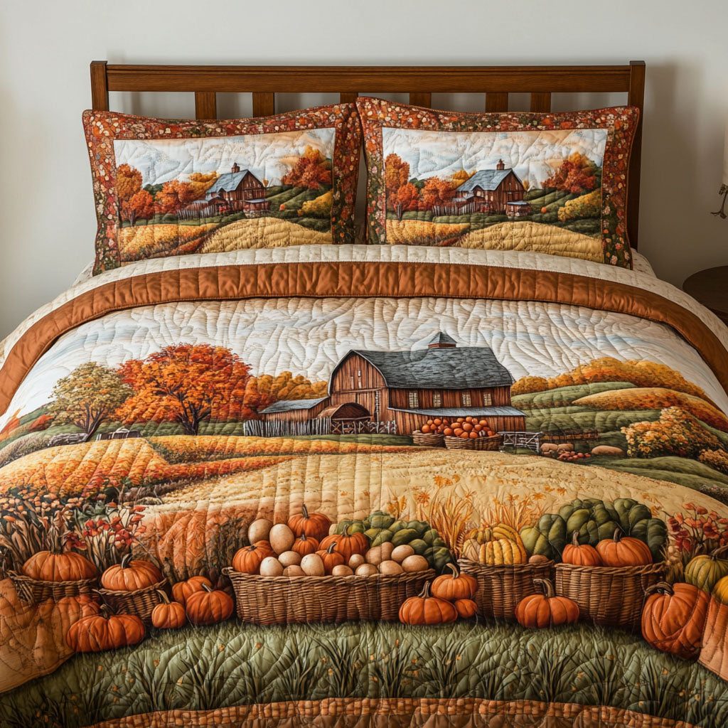 Rustic Fall quilted 3-piece bedding set on a made bed in a farmhouse bedroom