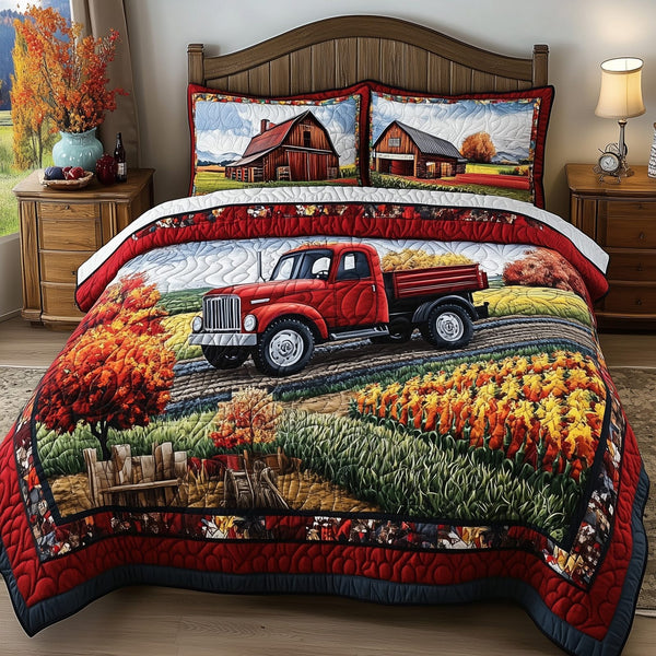 Rustic Farm quilted 3-piece bedding set on a made bed in a farmhouse bedroom