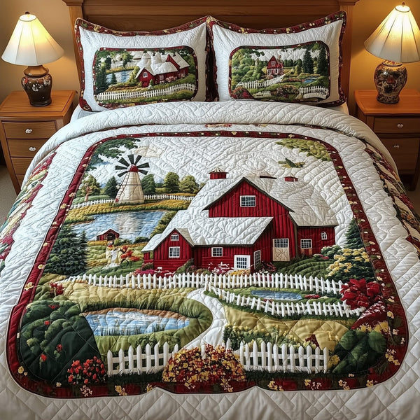 Rustic Farm Scene quilted 3-piece bedding set on a made bed in a farmhouse bedroom