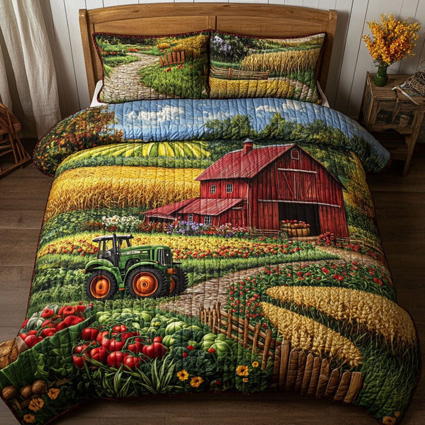 Rustic Farmhouse quilted 3-piece bedding set on a made bed in a farmhouse bedroom