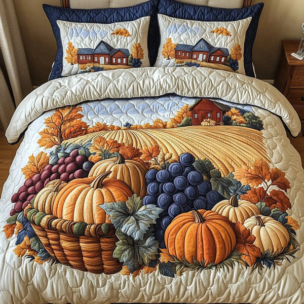 Rustic Fields quilted 3-piece bedding set on a made bed in a farmhouse bedroom
