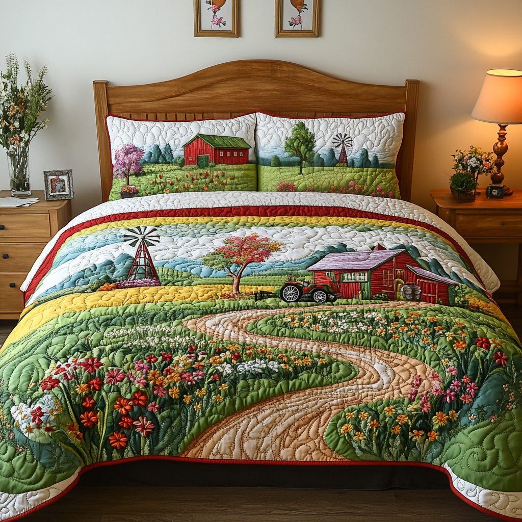 Rustic Fields quilted 3-piece bedding set on a made bed in a farmhouse bedroom