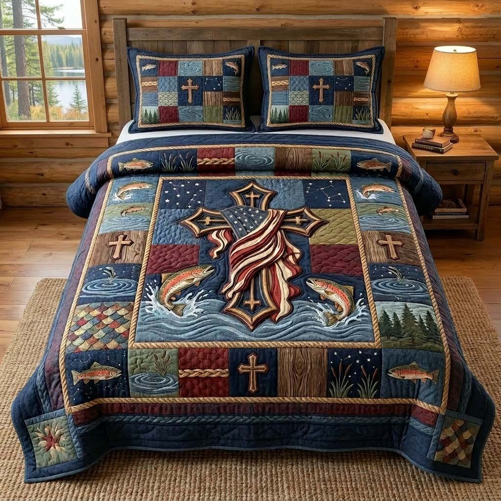 Rustic Fishing quilted 3-piece bedding set on a made bed in a farmhouse bedroom