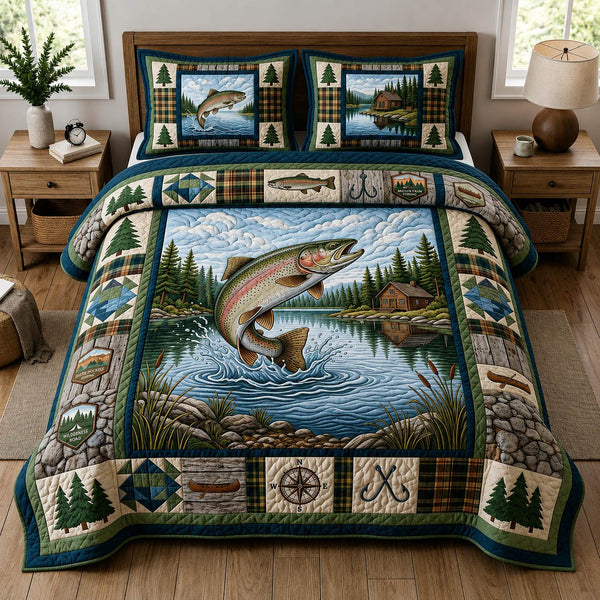 Rustic Fishing quilted 3-piece bedding set on a made bed in a farmhouse bedroom