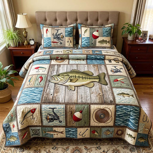 Rustic Fishing quilted 3-piece bedding set on a made bed in a farmhouse bedroom