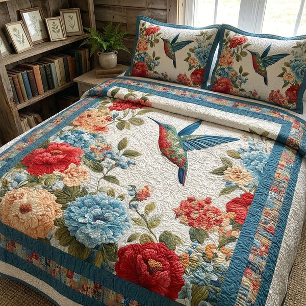 Rustic Flight Garden quilted 3-piece bedding set on a made bed in a farmhouse bedroom