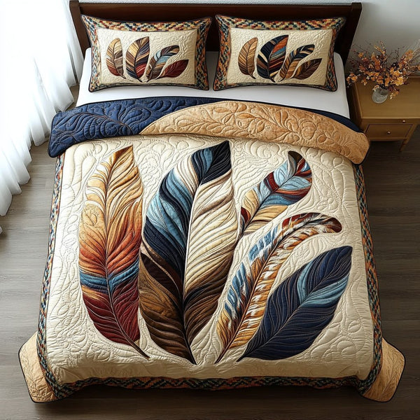 Rustic Flight quilted 3-piece bedding set on a made bed in a farmhouse bedroom