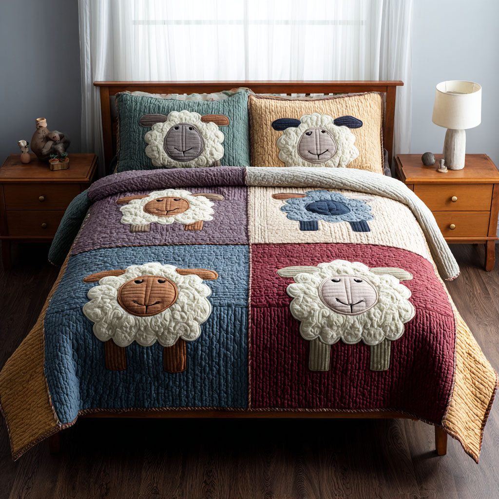 Rustic Flock quilted 3-piece bedding set on a made bed in a farmhouse bedroom