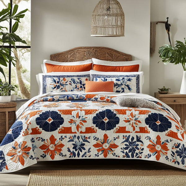Rustic Floral Harmony quilted 3-piece bedding set on a made bed in a farmhouse bedroom