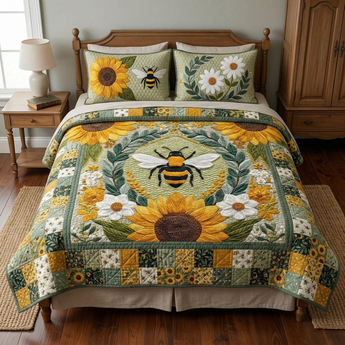 Rustic Floral Hive quilted 3-piece bedding set on a made bed in a farmhouse bedroom