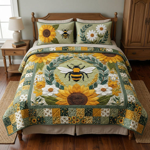 Rustic Floral Hive quilted 3-piece bedding set on a made bed in a farmhouse bedroom