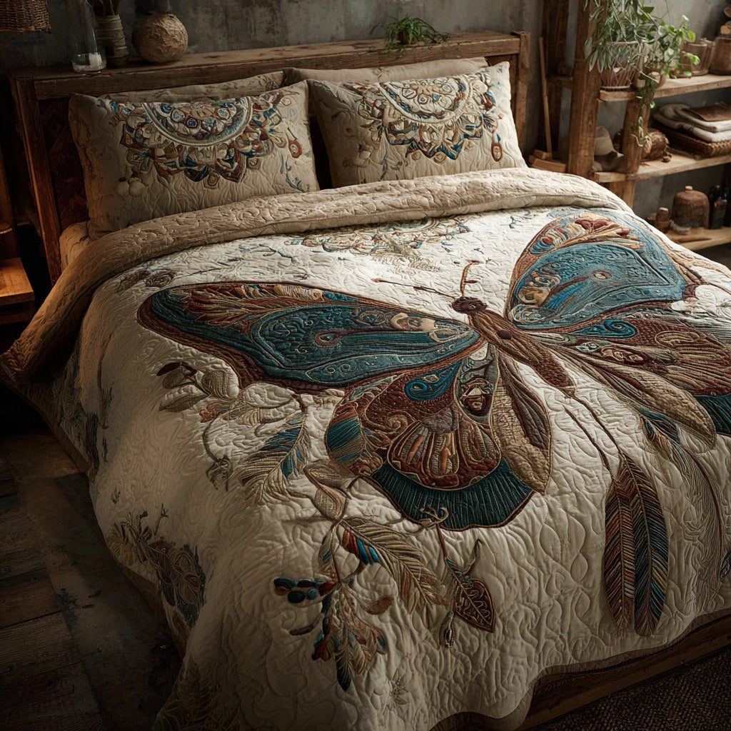 Rustic Flutter quilted 3-piece bedding set on a made bed in a farmhouse bedroom