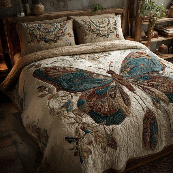 Rustic Flutter quilted 3-piece bedding set on a made bed in a farmhouse bedroom