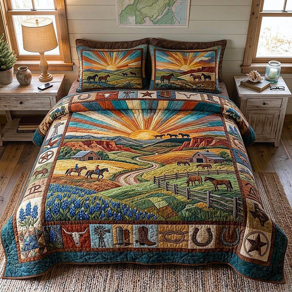 Rustic Gallop quilted 3-piece bedding set on a made bed in a farmhouse bedroom
