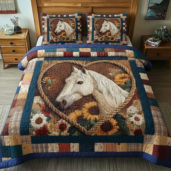 Rustic Gallop quilted 3-piece bedding set on a made bed in a farmhouse bedroom