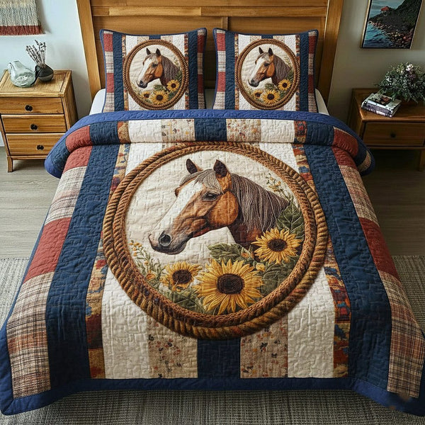 Rustic Gallop quilted 3-piece bedding set on a made bed in a farmhouse bedroom