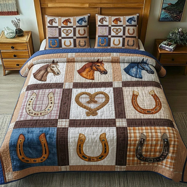 Rustic Gallop quilted 3-piece bedding set on a made bed in a farmhouse bedroom