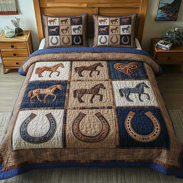 Rustic Gallop quilted 3-piece bedding set on a made bed in a farmhouse bedroom