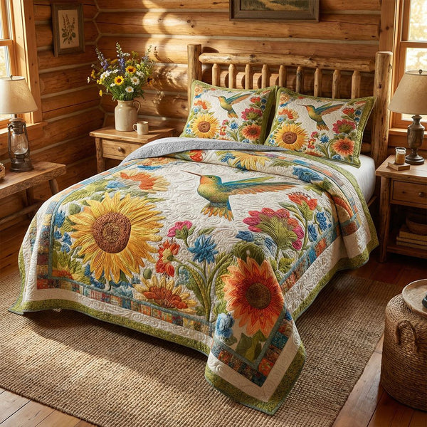 Rustic Garden Harmony quilted 3-piece bedding set on a made bed in a farmhouse bedroom