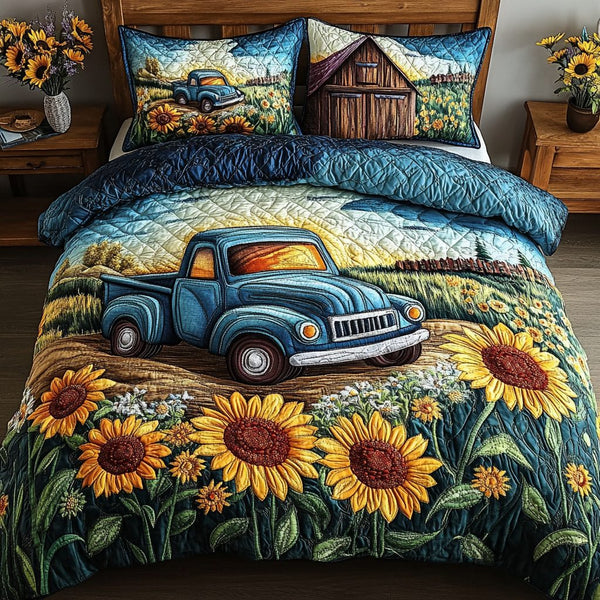 Rustic Garden quilted 3-piece bedding set on a made bed in a farmhouse bedroom